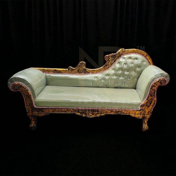 Royal Sage Green & Gold Carved Wedding Chaise Sofa