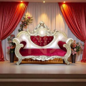 Royal Red Velvet & Gold Carved Wedding Sofa